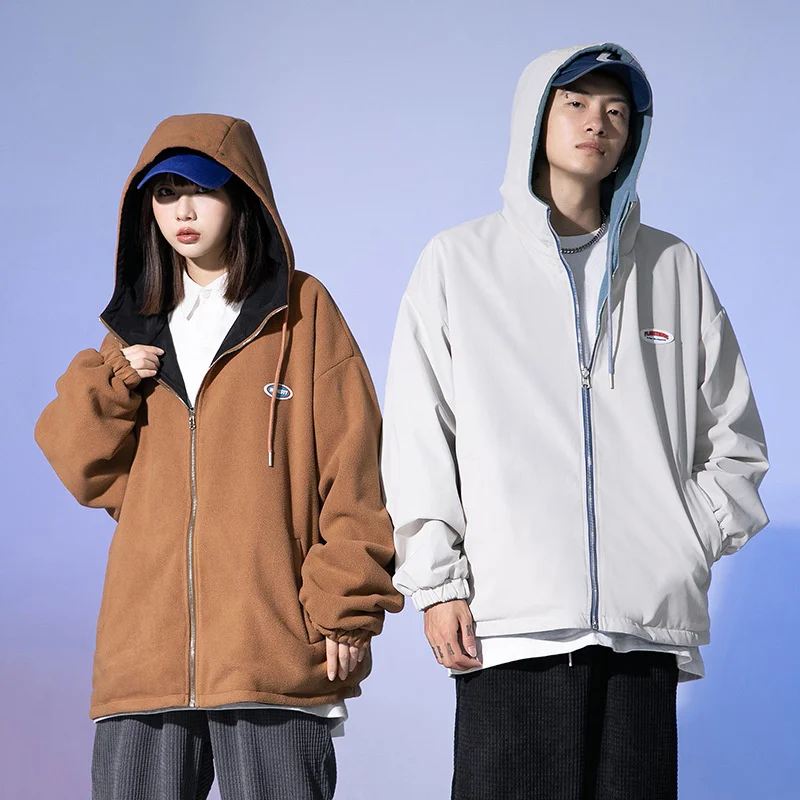 

Мужская осенне-зимняя Новая двухсторонняя куртка с капюшоном мужская и женская парная флисовая куртка модная крутая одежда унисекс 2022