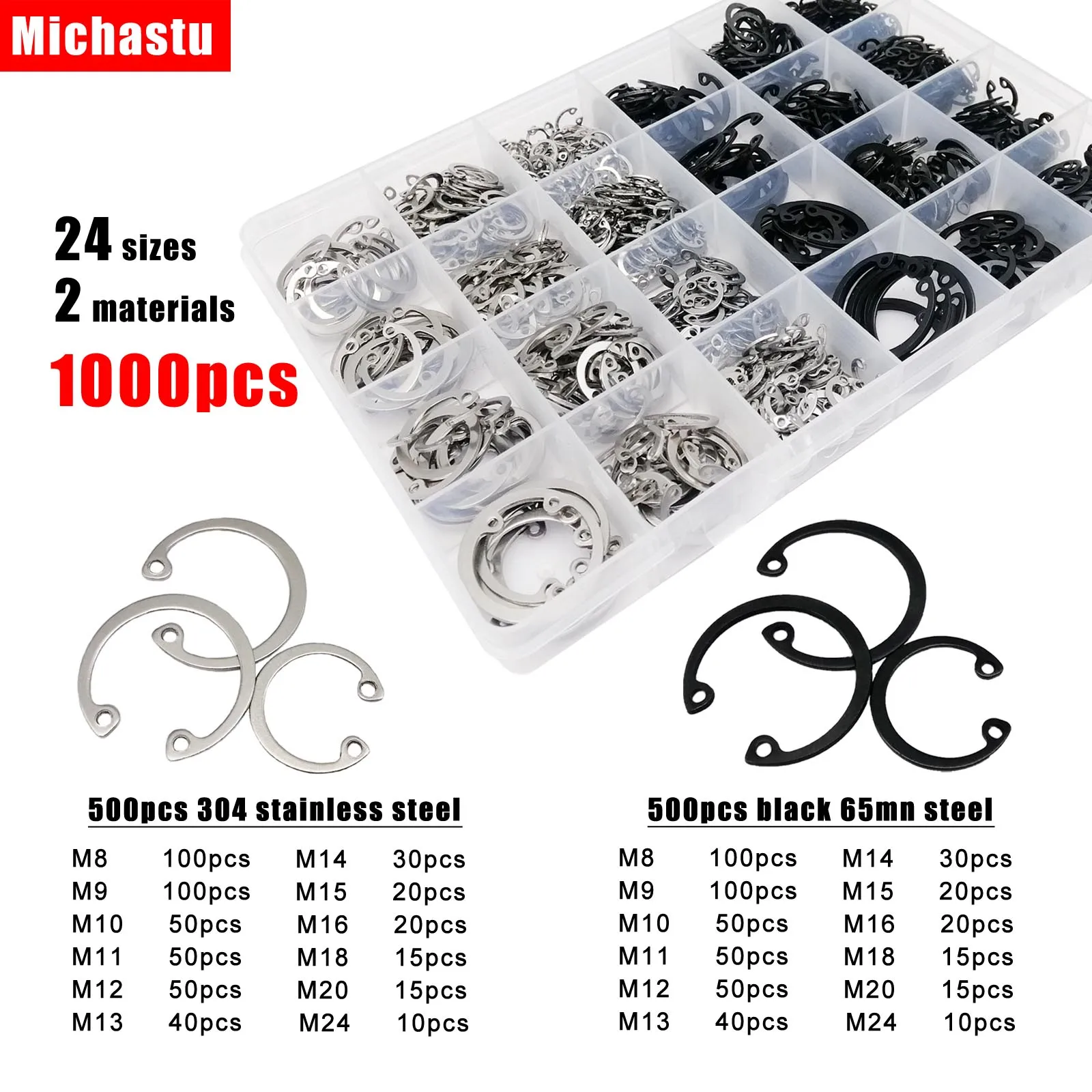 Коробка С 1000 Стрелками Тип C Внутренний Стопорный Зажим Смесь 8-24 Мм Нержавеющая