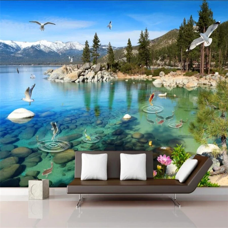 Customize High-definition natural lake scenery background mural decorative painting custom large green Self Adhesive wallpaper |