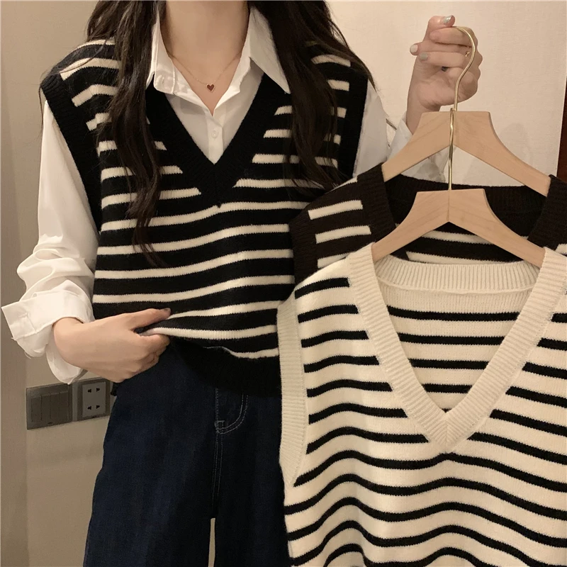 

Y2K Preppy Style Simple Women Sweater Vest Winter Fashion Pullover Elastic Knit Ladies Jumper Casual Stripped Female Basic Tops