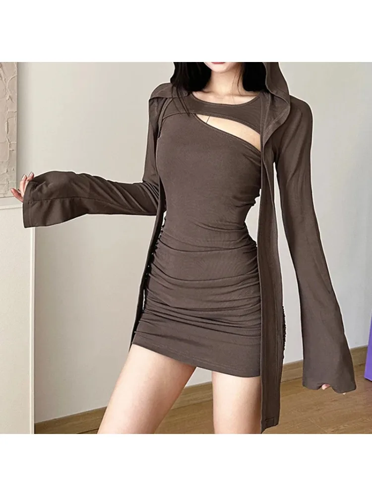 

Новинка 2024, винтажное темное платье в стиле Интернет-игры Y2k с капюшоном в стиле пустыни ходунки, готический кроп-топ в стиле панк с длинным рукавом, облегающее мини-платье на одно плечо