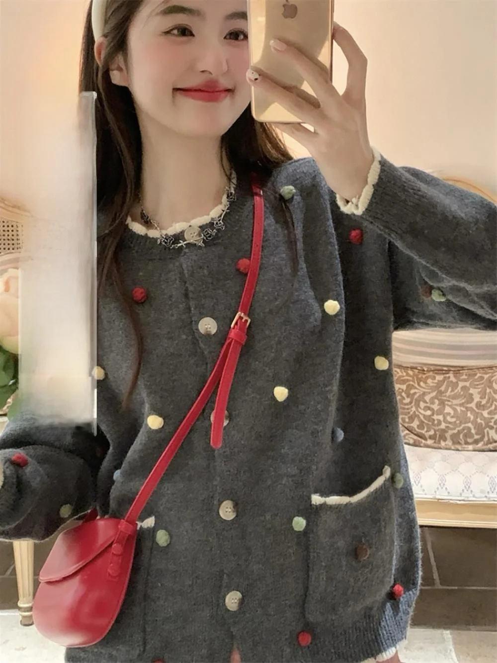 Fan Wenwen милый воскресный серый контрастный цветной кружевной вязаный кардиган