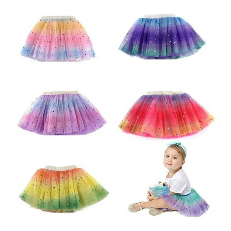 Ballet Tutu Princess Up Dance Wear Costume Party Girls Toddler Kids Sequin Stars Colorful Rainbow Skirt