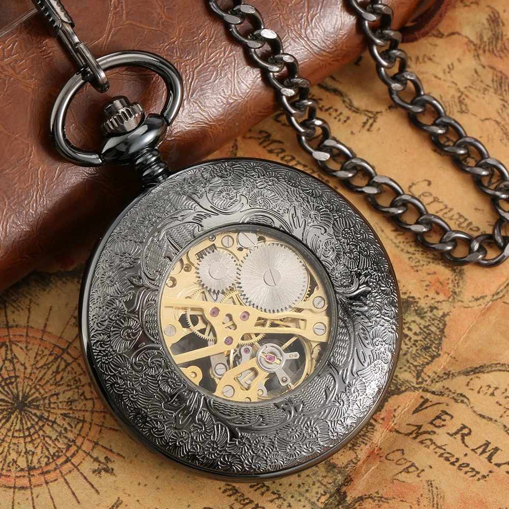 Black Hollow Hub Pattern Mechanical Pocket Watch Rose Gold Roman Numerals Display Luxury Vintage Fob Chain Pendant Antique Clock