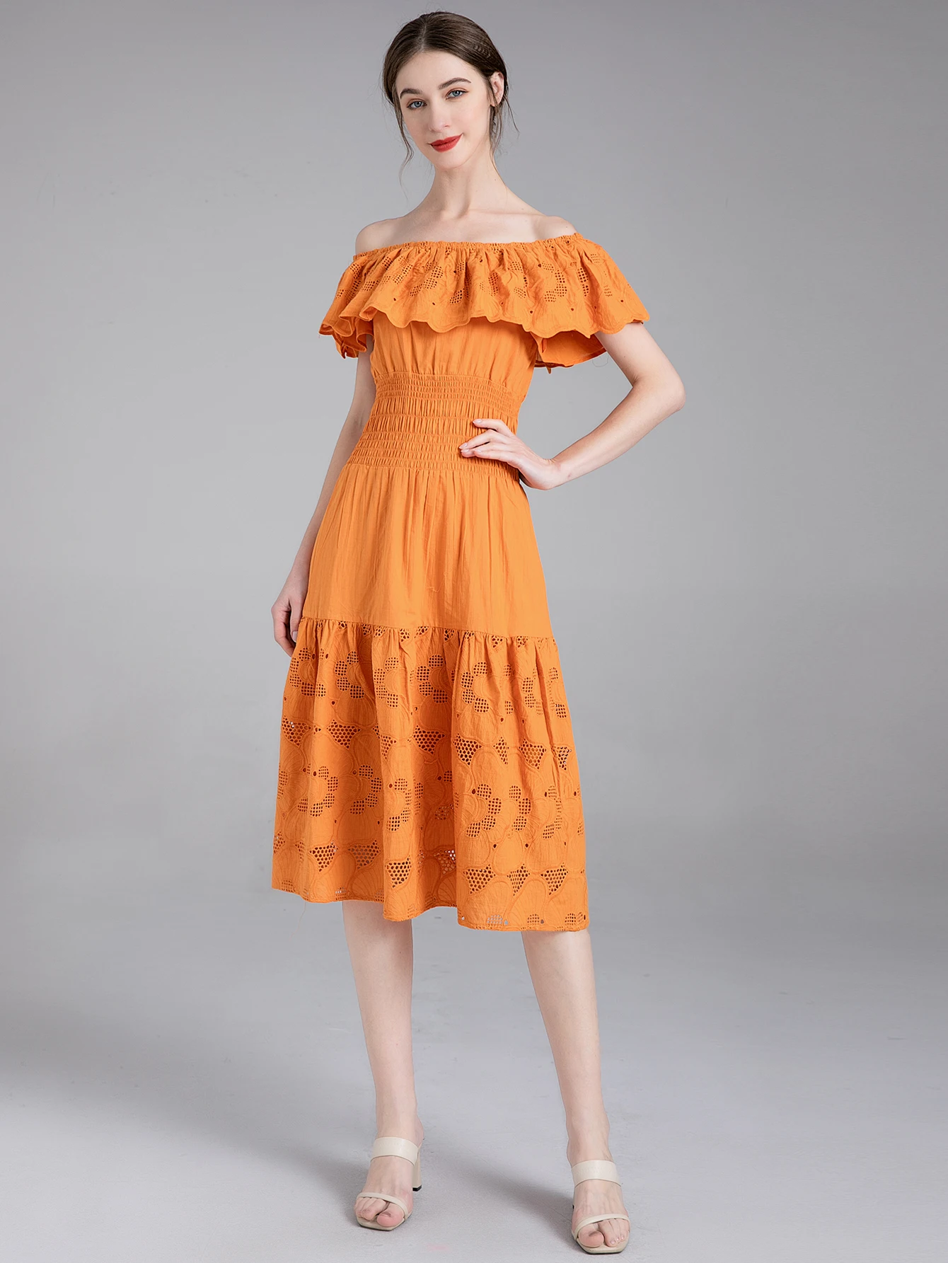 

MoaaYina Fashion Designer dress Summer Women Dress Sexy Slash neck Ruffles elastic waist Hollow out Elegant Vacation Midi Dress
