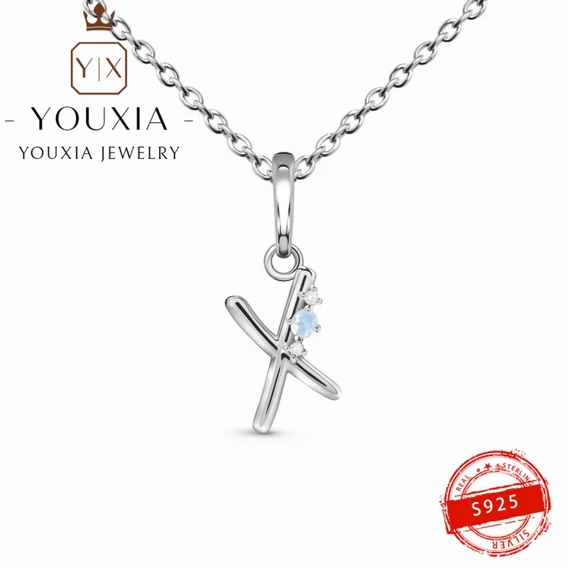 

Hot Selling Own Brand DIY S925 Silver Letter X Moonstone Necklace Personality Design Party Banquet Fashion Exquisite Jewelry