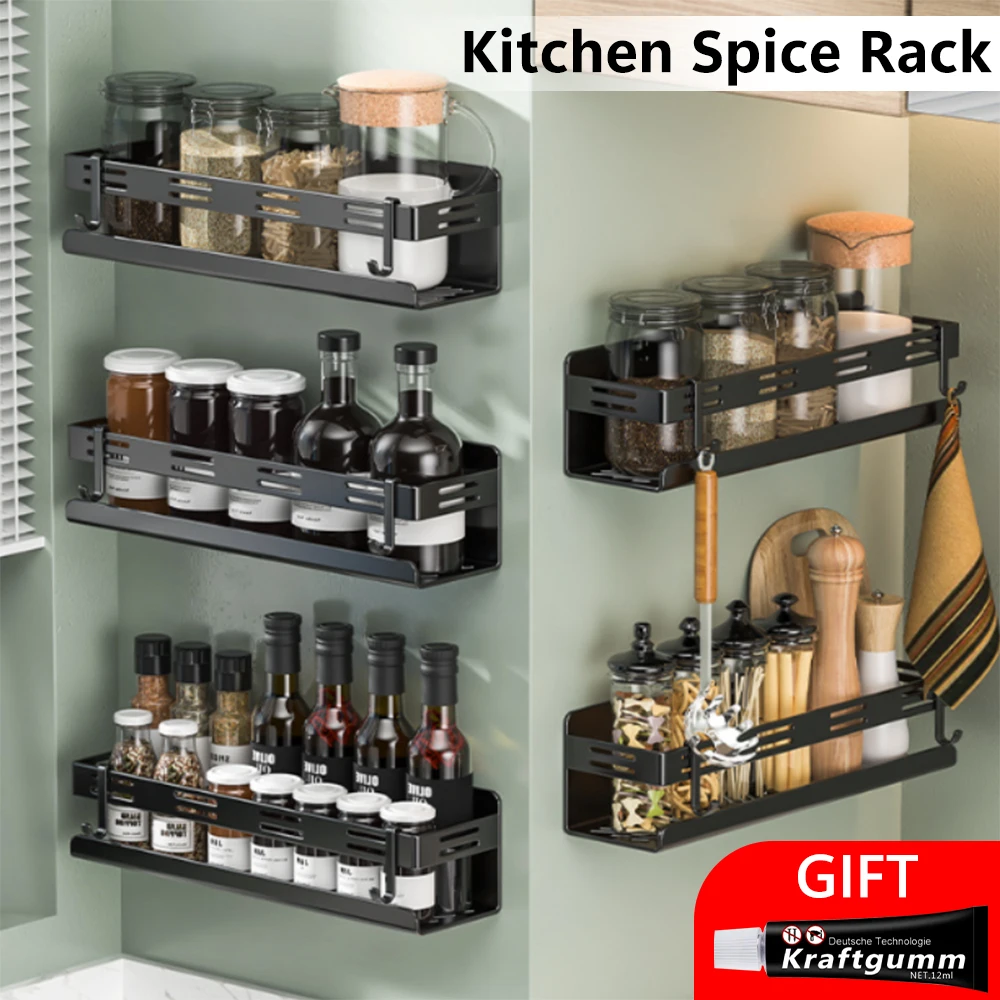 

50CM Kitchen Spice Rack Wall Mounted Seasoning Bottle Holder Punch-free Stainless Steel Shelves With Hook Kitchen Accessories