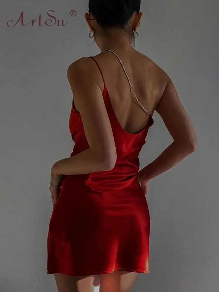 

ArtSu Elegant Sleeveless Backless Sexy Chain Straps Mini Dress for Women Fashion Satin Red Dress Club Party Clothes ANDYDR598