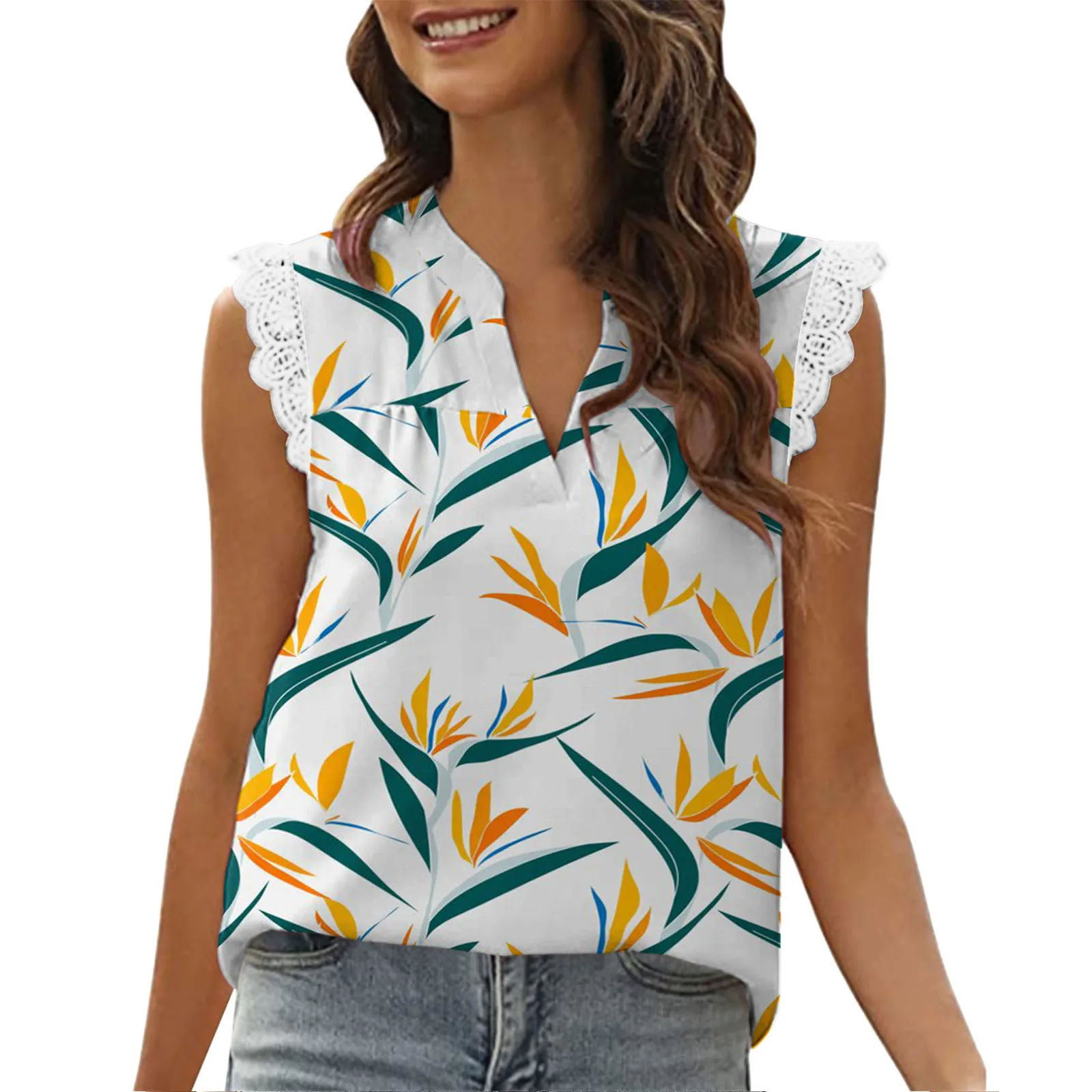 

Summer Women Shirts Sleeveless V Neck Boho Blouse Casual Floral Printed Lace Tank Top Blouse Beach Loose Vests Bohemian Shirts