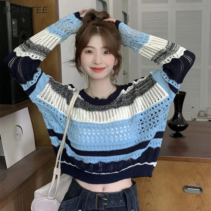 

Loose Pullovers Women Vintage Korean Style Crop Fashion Spring Hollow Out Designed Sweet College Gentle Ulzzang Chic Streetwear