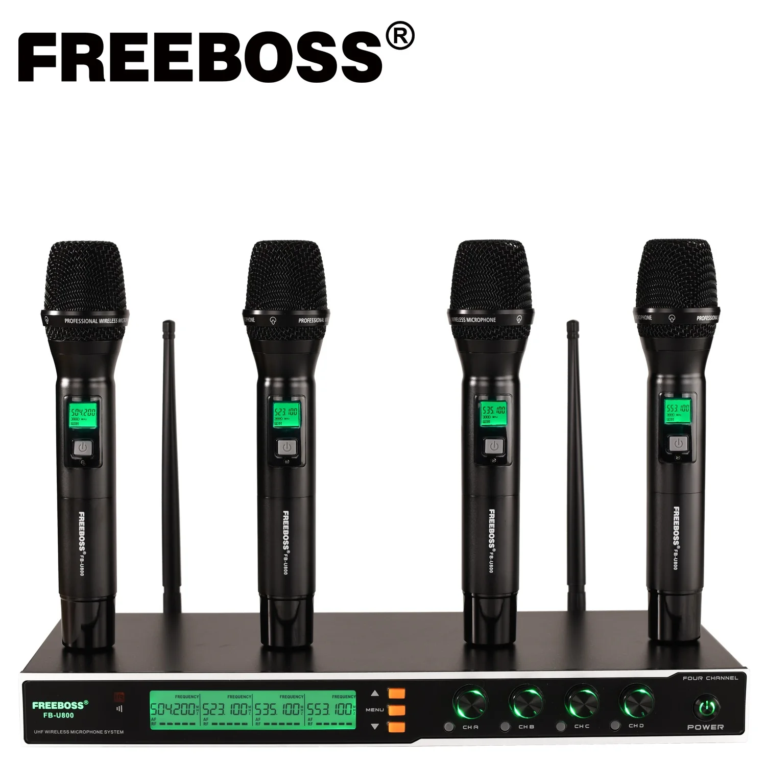 

Freeboss UHF 4*200 Adjustable Frequency Metal Handheld LCD Screen Smart Option Professional Microphone System for DJ FB-U800