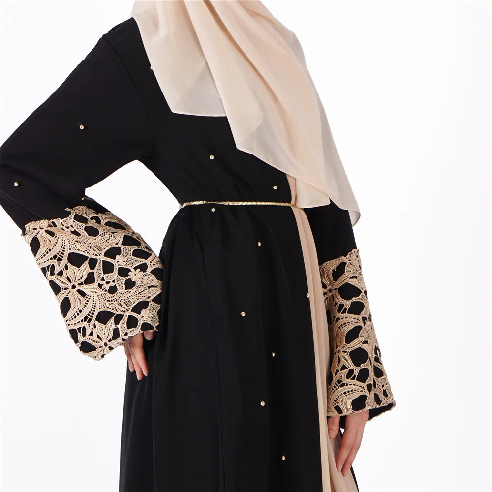 Wepbel Muslim Women's Dress Abaya Islamic Clothing Ramadan Wear Cuff Golden Lace Stitching Black Inlaid Pearl Outer Wear Kimono