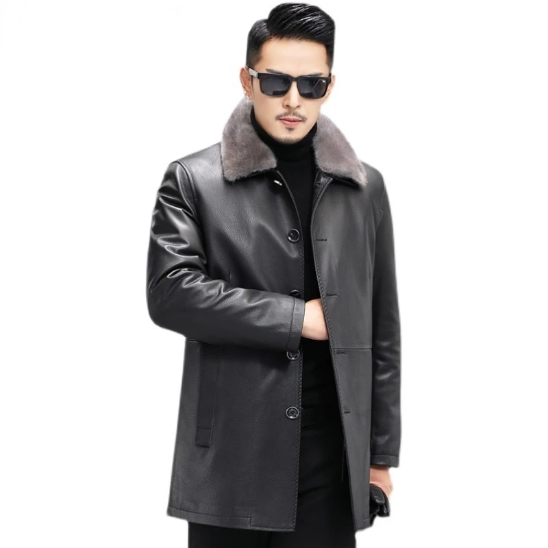 

100% Genuine Leather Jacket Men Winter Warm White Duck Down Coat Real Mink Fur Collar Coats Sheepskin Clothing