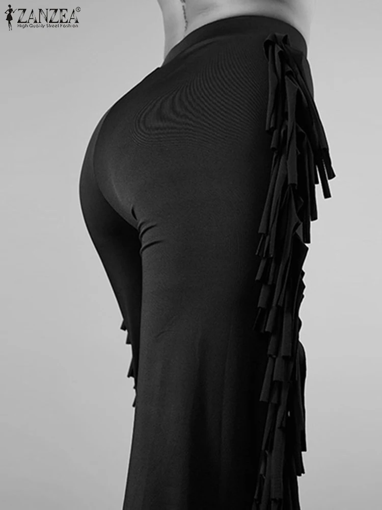 

Women Solid Maxi Pants 2022 ZANZEA High Waist Knitted Trousers Spring Autumn Tassel Pant Casual Chic Straight Palazzo Oversized