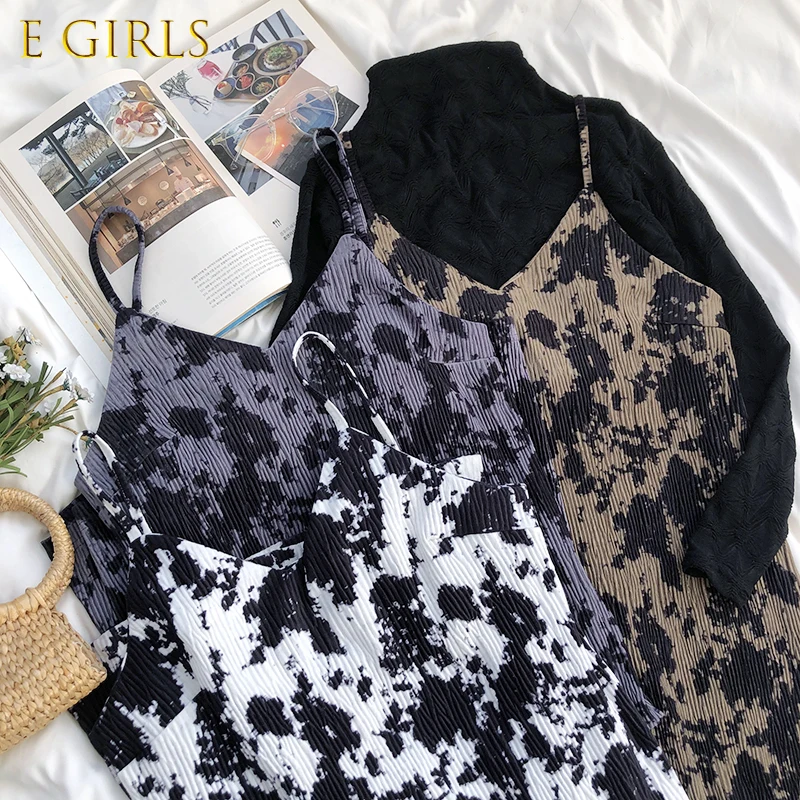 

J GIRLS Vintage Tie-dyed Midi Dress Women Sexy Sleeveless Slim Dresses 2021 Spring Summer V-neck Party Dress Femme Vestidos