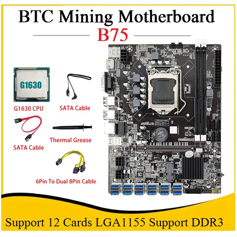 

Материнская плата B75 ETH для майнинга, материнская плата 12PCIE к USB LGA1155, поддерживает DDR3 с процессором G1630 + 6Pin на двойной 8Pin кабель, B75 USB BTC для май...