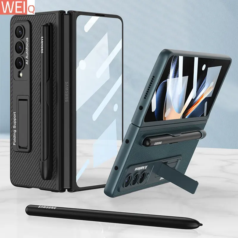 

Plain Leather Pen Slot Stand Case Cover For Samsung Galaxy Z Fold 4 5G Screen Tempered Glass Frame Hard For Galaxy Z Fold4 Case