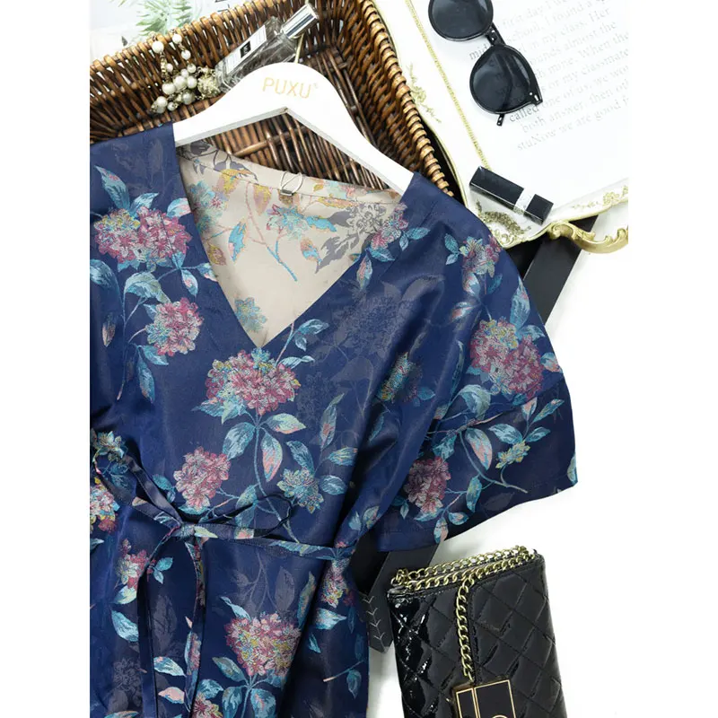 2024 Женская мода Лето 100% натуральный шелкопряд сосновая парча синий V - воротник