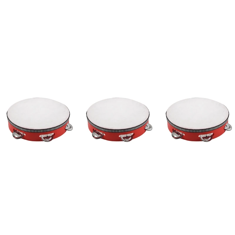 

3Pcs 8Inch Musical Tambourine Tamborine Drum Round Percussion Gift For KTV Party Red