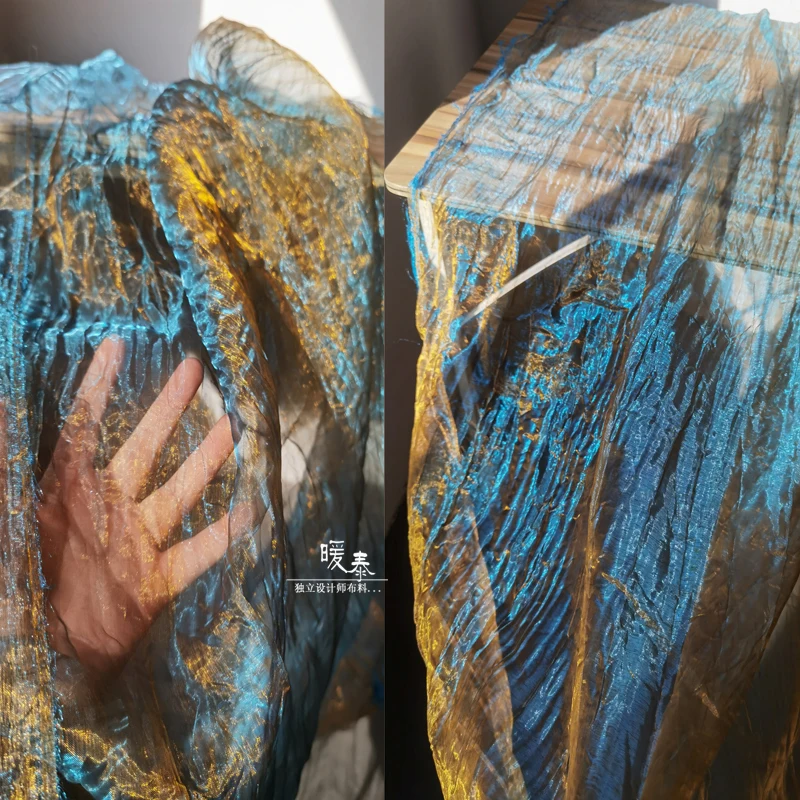 

Pleated Organza Tulle Fabric Golden Blue Gradient DIY Background Decor Veil Various Skirts Gown Wedding Dress Designer Fabric