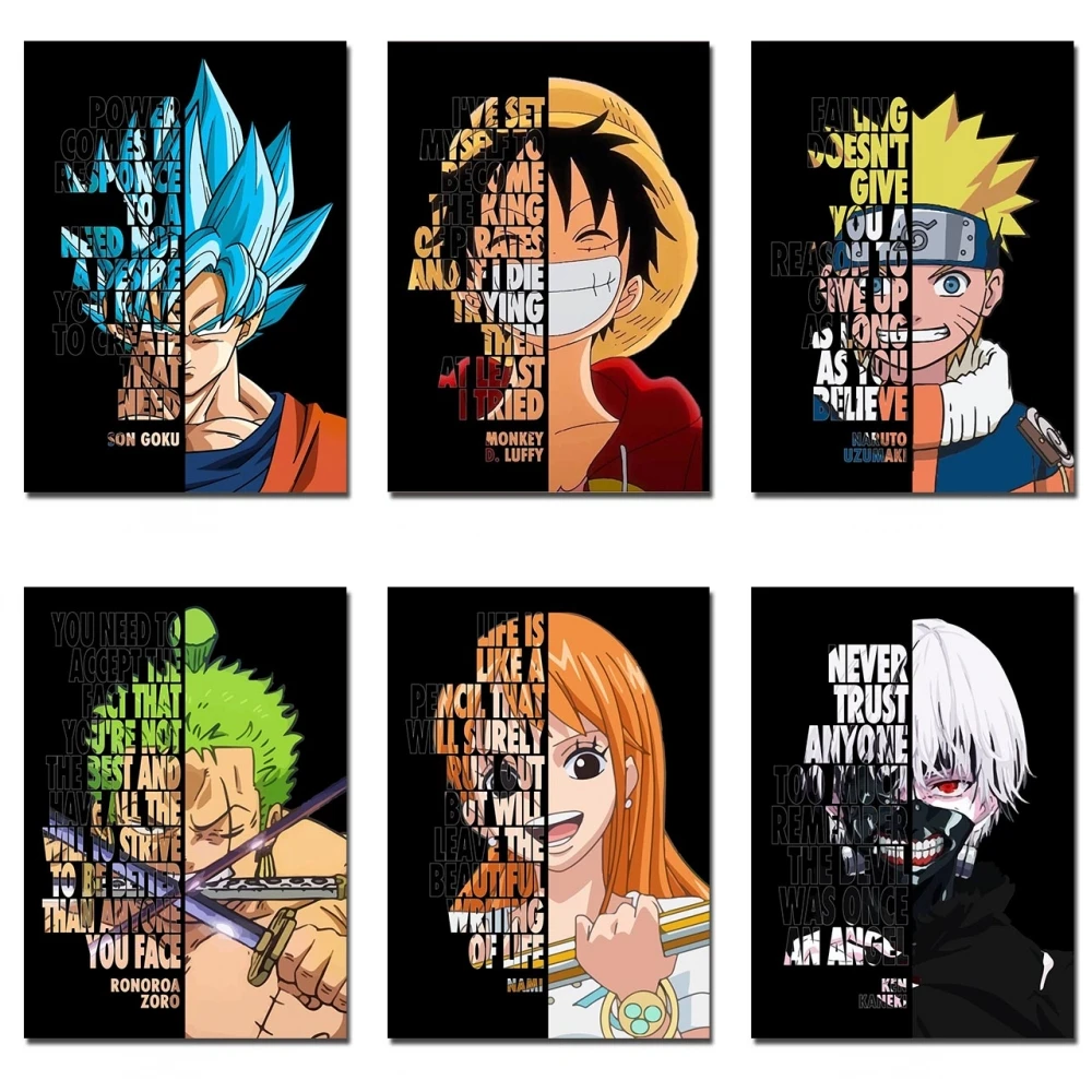 

Anime Character Canvas Painting Naruto Dragon Ball Motivational Quotes Poster Luffy Goku Manga Wall Art Pictures for Home Decor