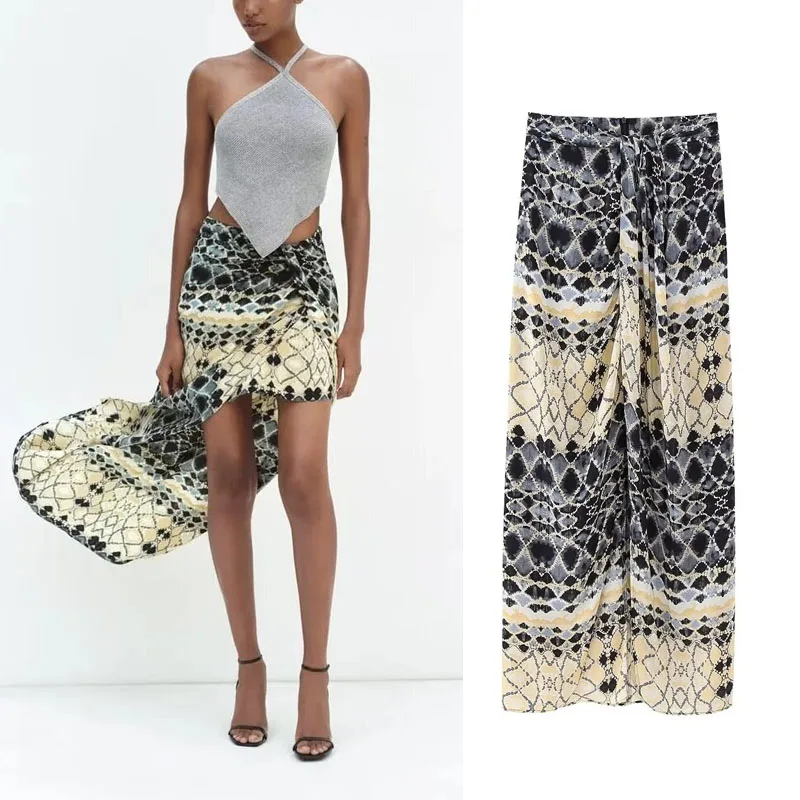

TRAF Women Print Long Skirt Summer New Midi Skirts High-Waisted Ruching Front Split Side Zip Lady Boho Elegant Skirt