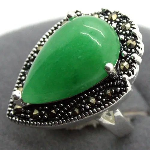 

wholesale Natural Green Natural jade Drop Gems 925 Sterling Silver Marcasite Ring Size 7/8/9/10