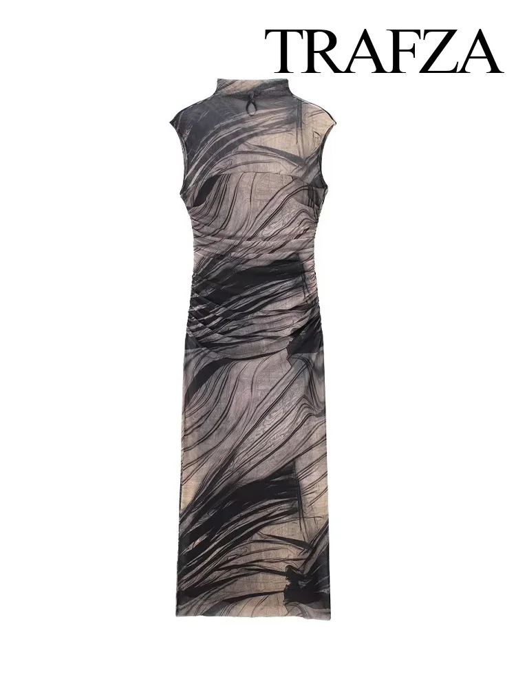 

Женское длинное платье с принтом TRAFZA, элегантное Плиссированное облегающее платье из тюля без рукавов и с рюшами, осень 2023