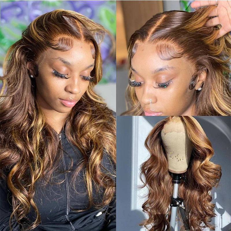 

Soft 28'' 15A Grade Ombre Brown Natural Wave European Human Hair Jewish 5x5 Silk Top Lace Front Wig For Women With BabyHair