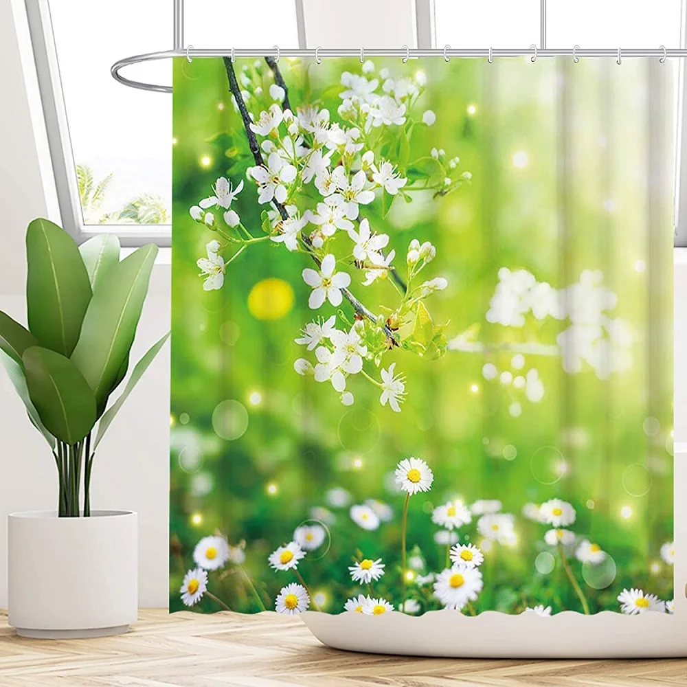 

Spring Flower Shower Curtain Bokeh Green Wildflower Grass Home Bathroom Bath Curtains Decor with Hooks Durable Polyester Fabric
