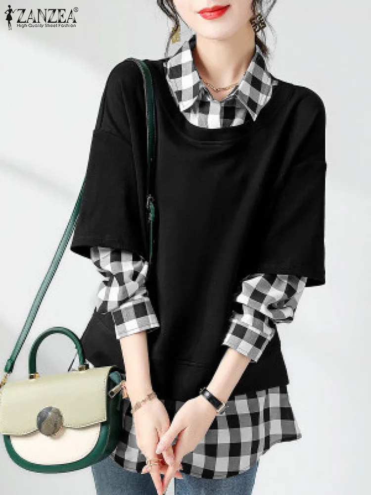 

ZANZEA Casual Patchwork Fake Two Pieces Tops Autumn Stylish Plaid Checked Shirt Women Vintage Long Sleeve Blouse Loose Blusas
