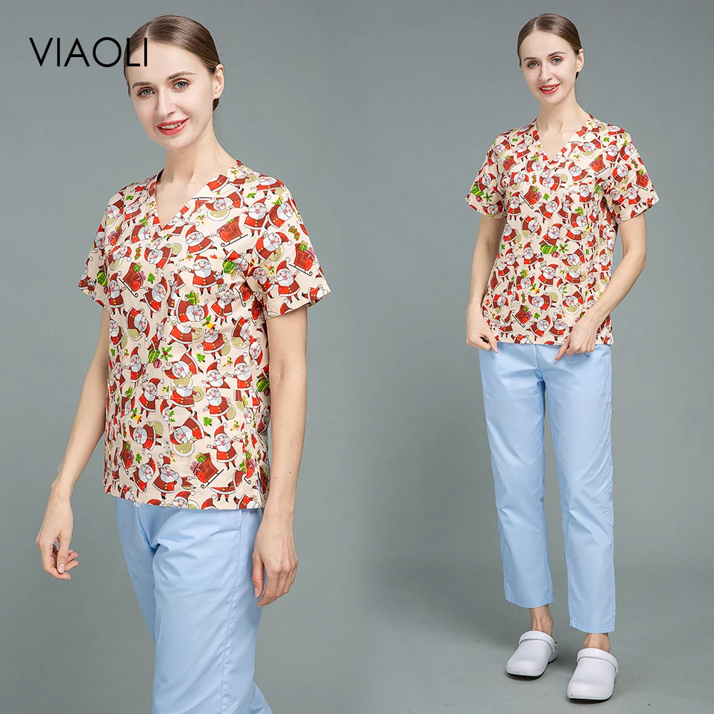 

Women Pharmacy Hospital Work Tops Operating Room Medical Clinician Protective Clothing Nursing Scrubs Christmas Printing Tops