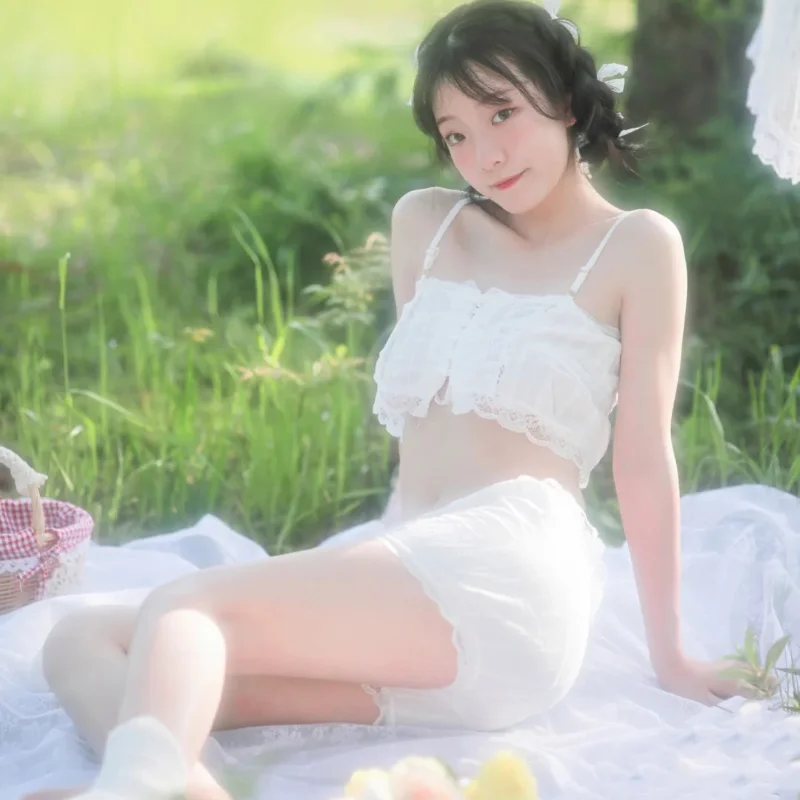 QWEEK Japanese Sweets Sleepwear Kawaii Lingerie Set Woman 2 Pieces Pajamas Summer Spaghetti Strap Room Wear Sexy Nightie 2023