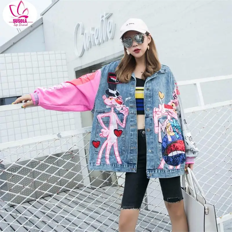 

SUSOLA Autumn Cartoon Streetwear Denim Coat Single Breasted Spliced Coat Turn-down Collar Loose Coat Woman Lady