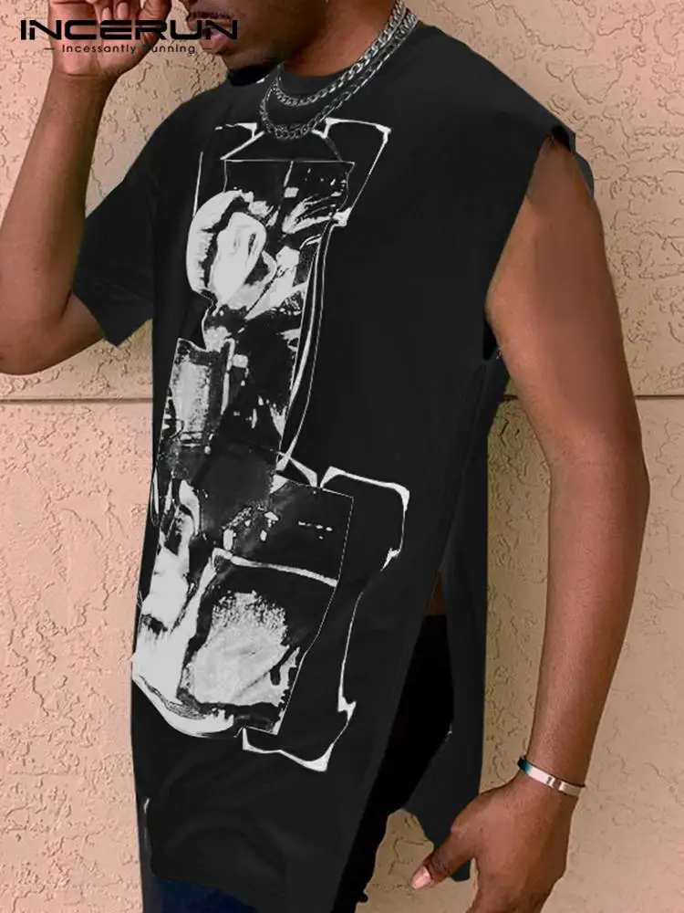 

Футболка INCERUN мужская с принтом, Повседневная рубашка с круглым вырезом и асимметричным рукавом, модная Свободная блуза, лето 2022