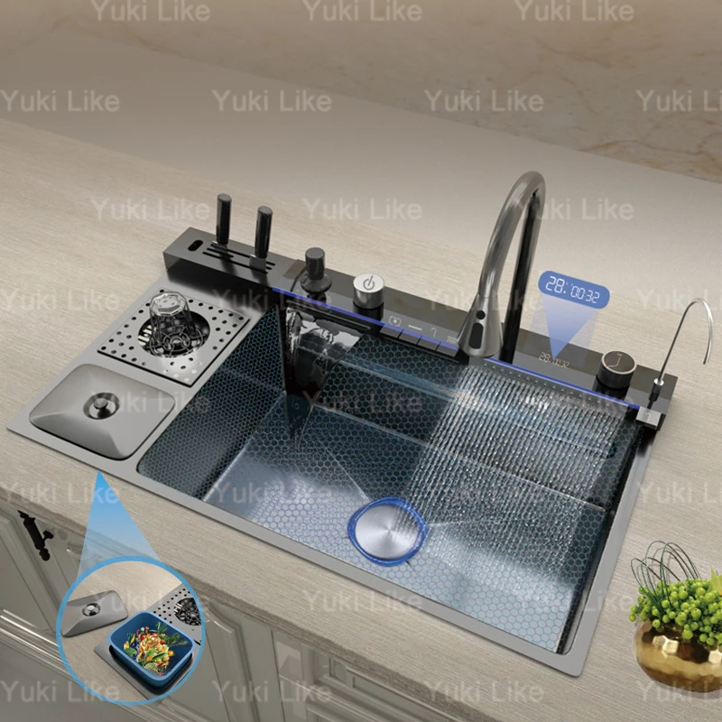 Кухонная раковина из нержавеющей стали с водопадом и мусорным баком мытье чашки