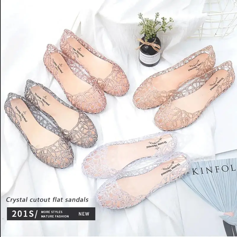 

Women Flats Shoes Summer Crystal Jelly Nest Sandals Hollow Breathable Shoes Fashion Round Toe Sweet Female Shoes