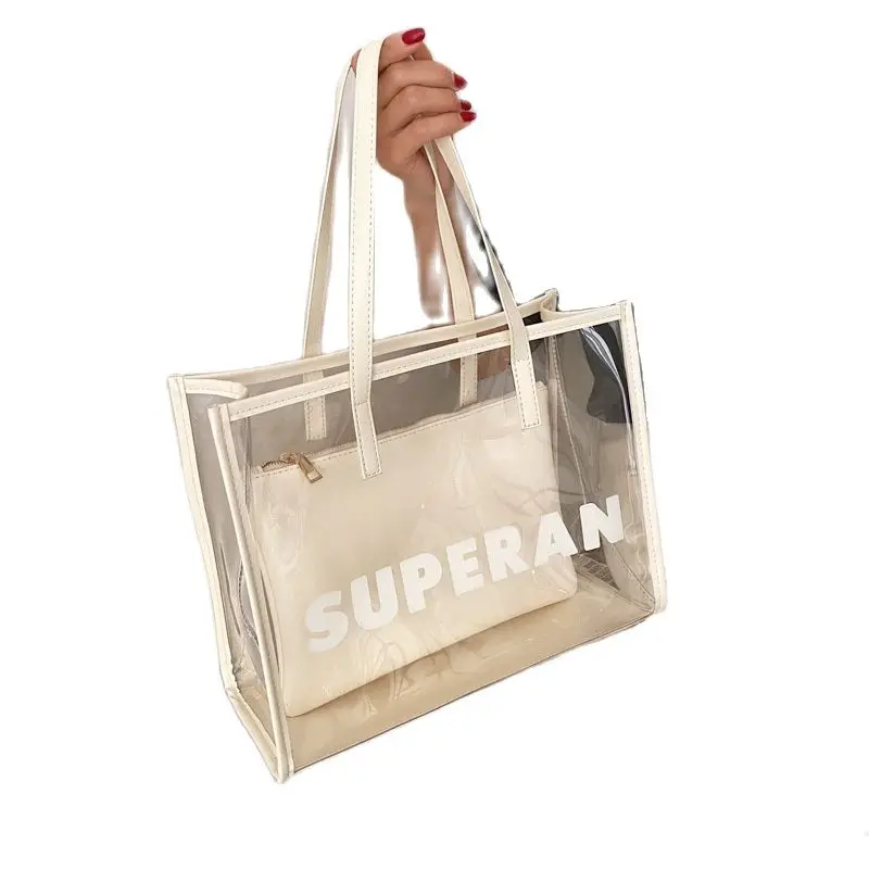 

2339 Large Capacity Transparent Handbag Female Summer 2022 New Frosted Jelly Versatile Commuter Shoulder Portable Tote Bag