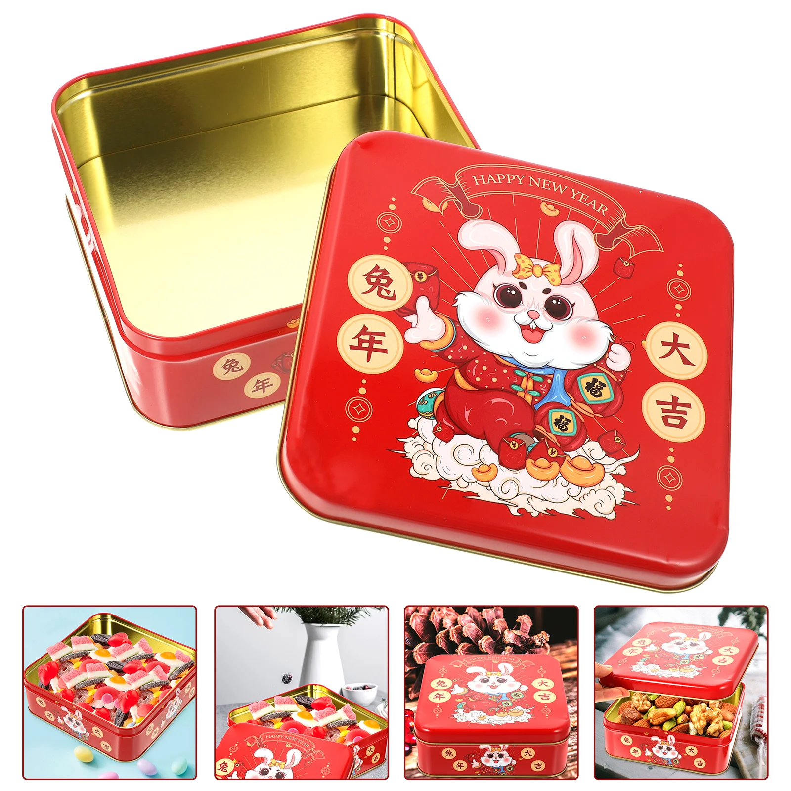 

Box Cookie Tins Tin Candy Tinplate Year New Gift Favor Container Metalcookieschinese Lids Packing Christmas Tea Square Rabbit