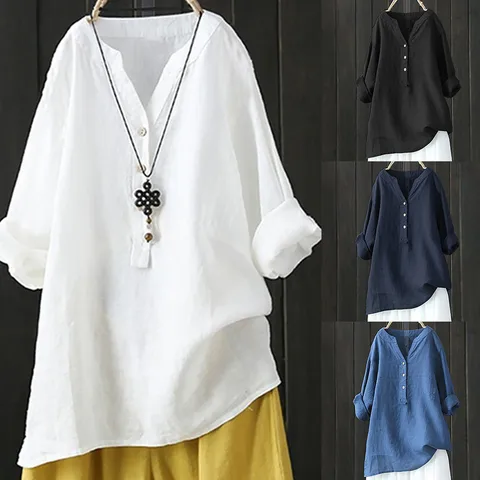 Women Blouse Fashion Vintage V-Neck Button Blouses Top Solid Color Long Sleeve Shirts Female Casual Linen Tunic Tops Clothing