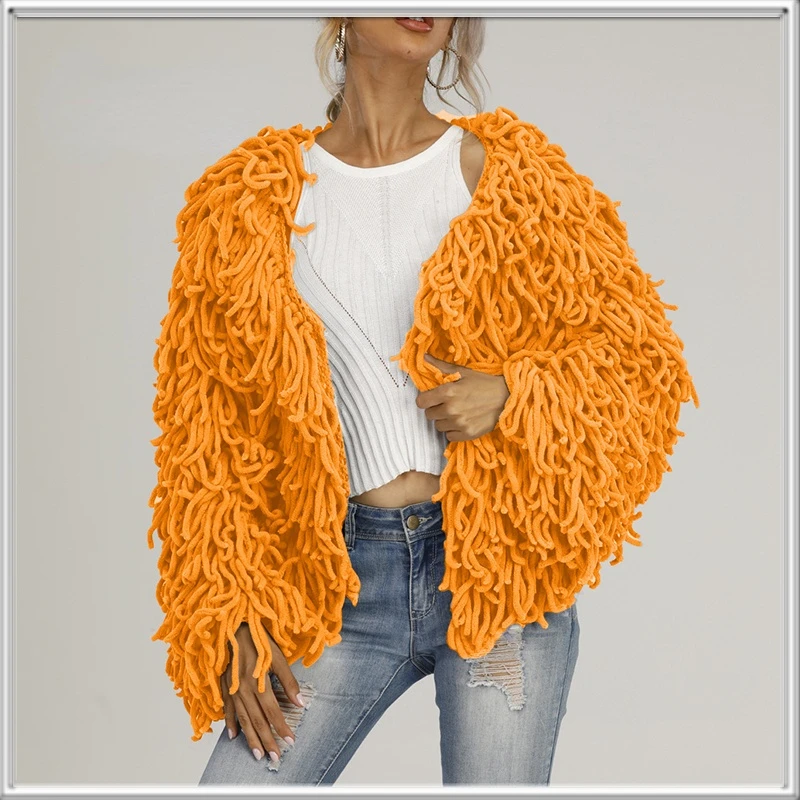 

Autumn Winter Women's New Faux Fur Wool Plush Tassel Sweater Coat Knitted Top Cardigan Jacket