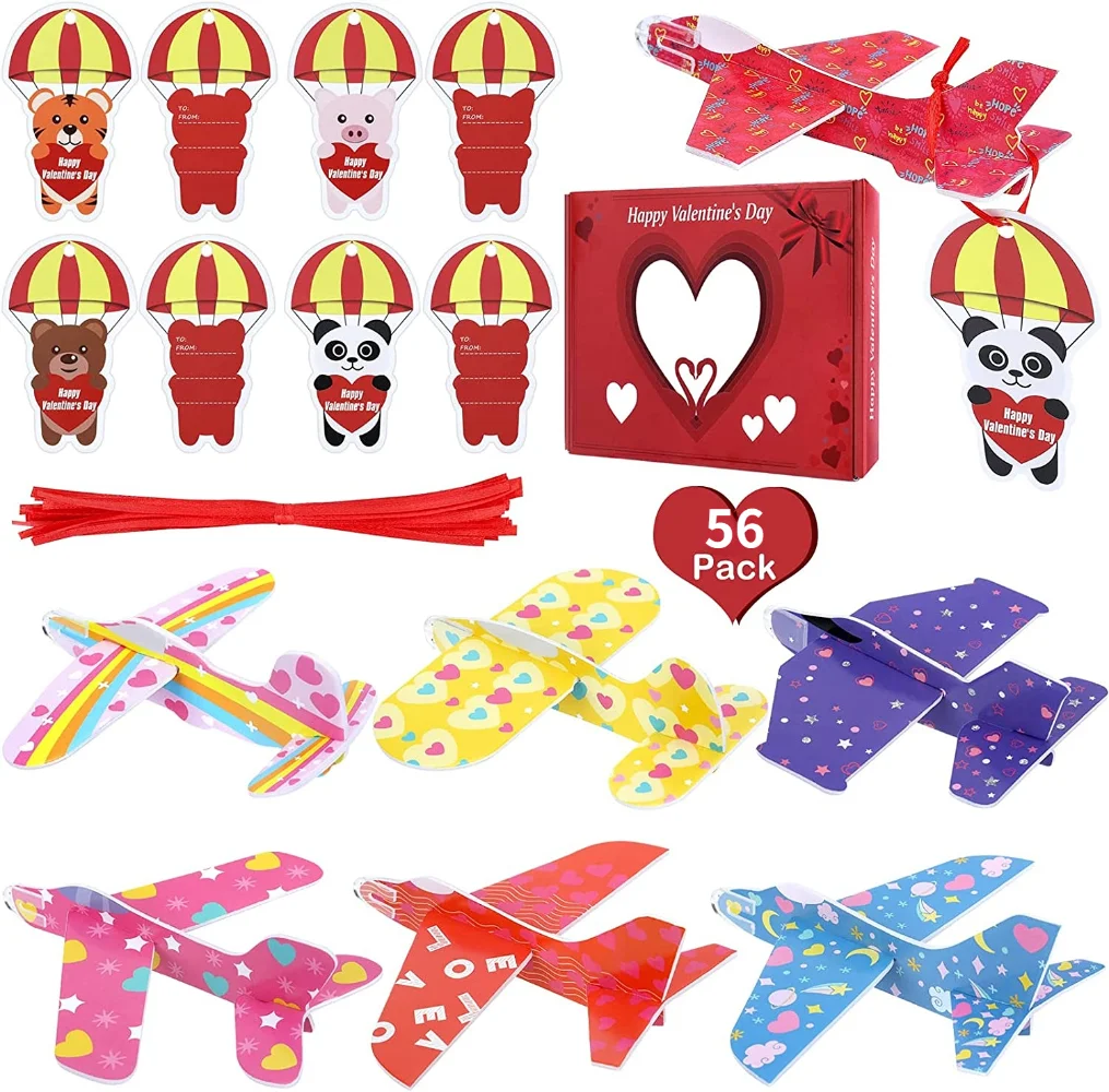 

56Pcs Valentines Day Gifts For Kids, Foam Airplanes With Valentines Day Cards for Kids School, Valentines Day Party Favors Set