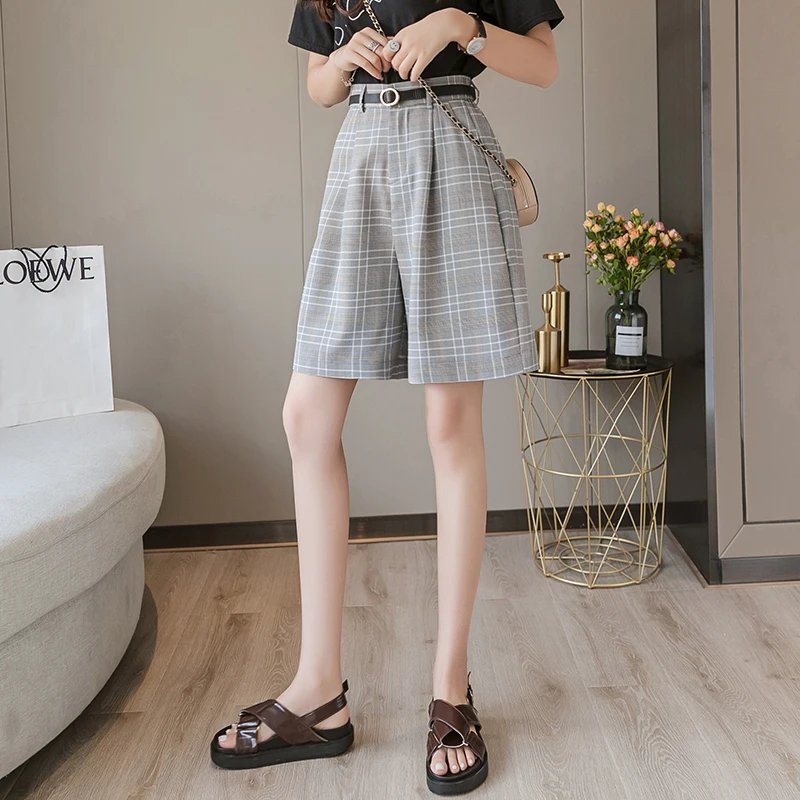 Women Summer Elegant All-match Loose Straight Shorts with Belt Female High Waist Vintage Plaid Wide Leg Suits Shorts Office Lady