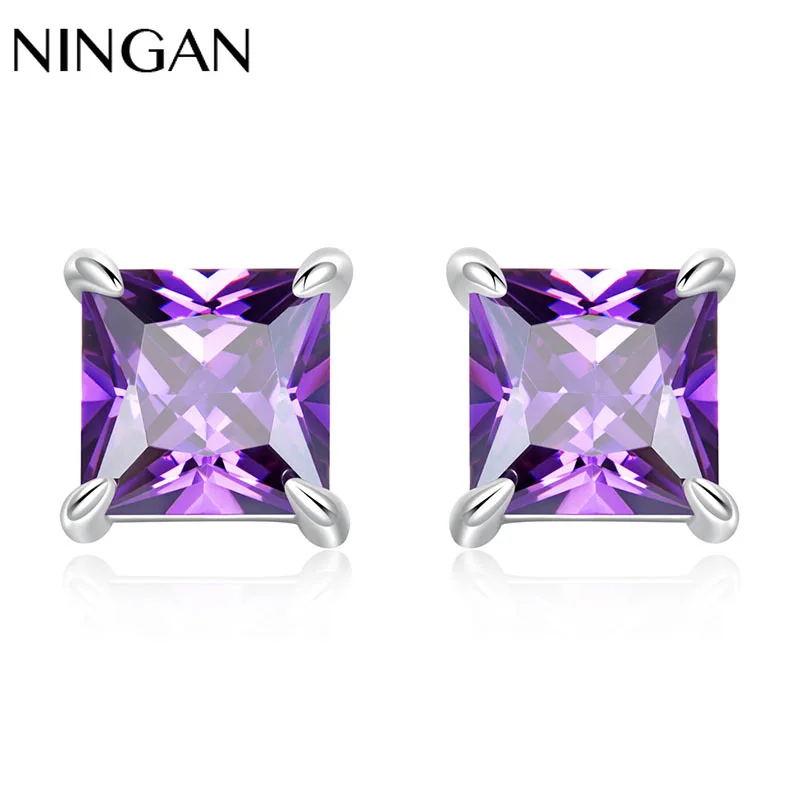 

NINGAN ladies Purple Sparkling Zircon Stud Earrings 925 Silver Elegant Women's Earrings for Engagement Parties