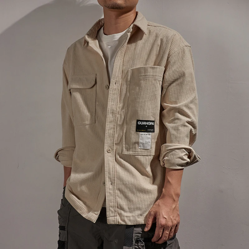 Japanese retro trendy work shirt men's new waffle heavy thick substantive shirt loose casual coat