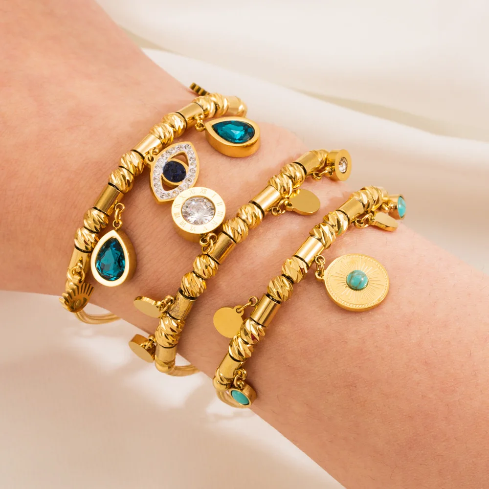 

Gold Evil Eye Stainless Steel Crystal Beads Butterfly Mixed Charming Pendant Bracelet Cuff Bangle High Quality Gold Bracelet