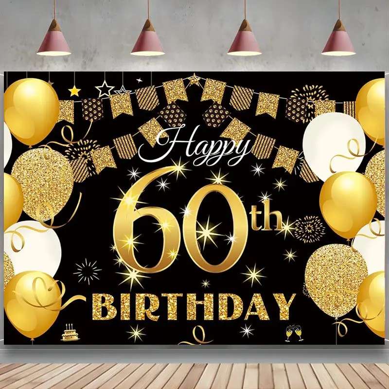 

Happy 60th Birthday Backdrop Party Decoration Black Gold Sign Poster Photo Booth Banner for Men Women 60 Anniversary Supplies