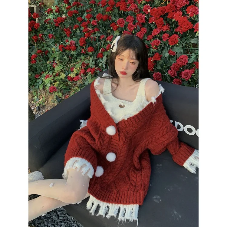 

Korobov Christmas Sweater Thick Autumn Winter Cardigan Female New In Lazy Design Chic V Neck Knitwears Y2k Loose Pull Femme