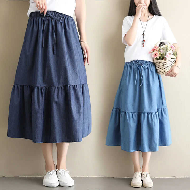 

Summer Fresh Skirt Denim Skirt Mid-length A-line Skirt Stitching Pleated Umbrella Skirt Skirts for Women