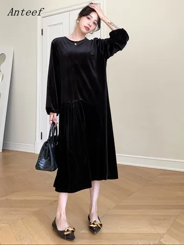 Женское бархатное платье с длинным рукавом, черное повседневное свободное платье большого размера в винтажном стиле, элегантная одежда, весна-осень-зима 2024
